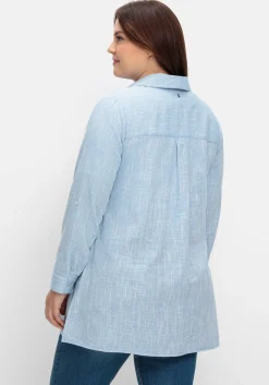 Lange Bluse mit Krempelärmeln, in Leinenoptik