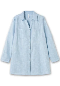 Lange Bluse mit Krempelärmeln, in Leinenoptik