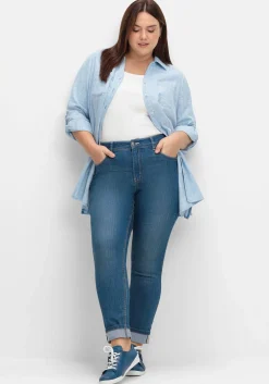 Lange Bluse mit Krempelärmeln, in Leinenoptik