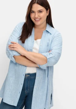 Lange Bluse mit Krempelärmeln, in Leinenoptik