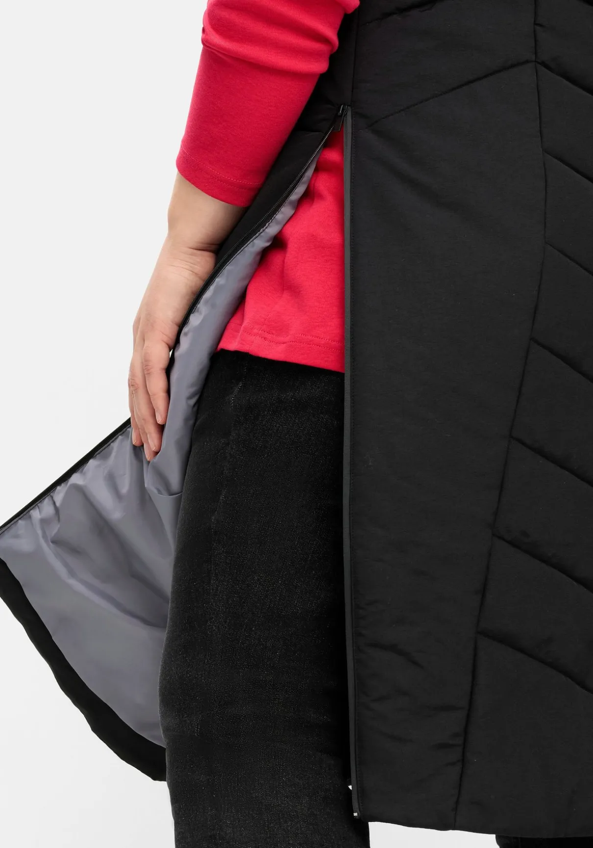 Lange Steppweste mit Kapuze und seitlichen Zippern