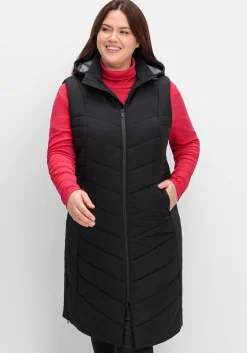 Lange Steppweste mit Kapuze und seitlichen Zippern