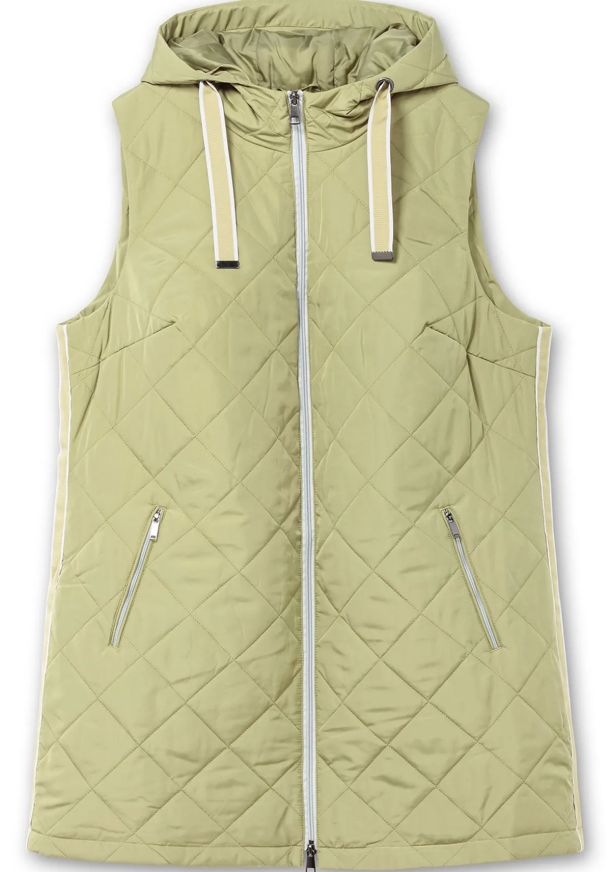 Lange Steppweste mit Kapuze und Kontrastdetails