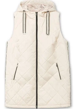 Lange Steppweste mit Kapuze und Kontrastdetails