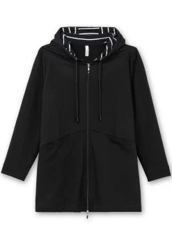 Lange Sweatjacke mit gestreiftem Kapuzenfutter