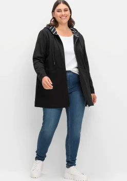 Lange Sweatjacke mit gestreiftem Kapuzenfutter