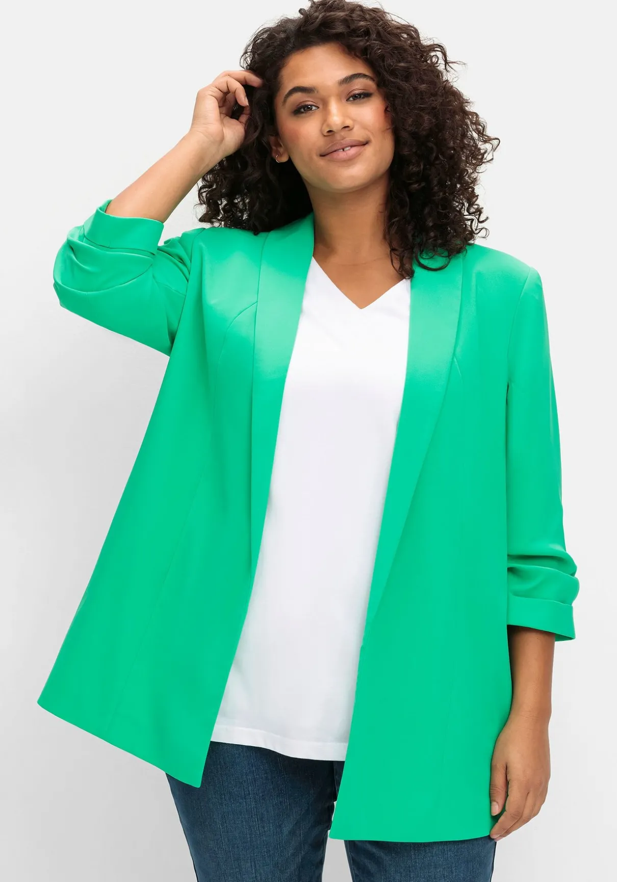 Langer Blazer mit Schalkragen und gerafftem 3/4-Arm