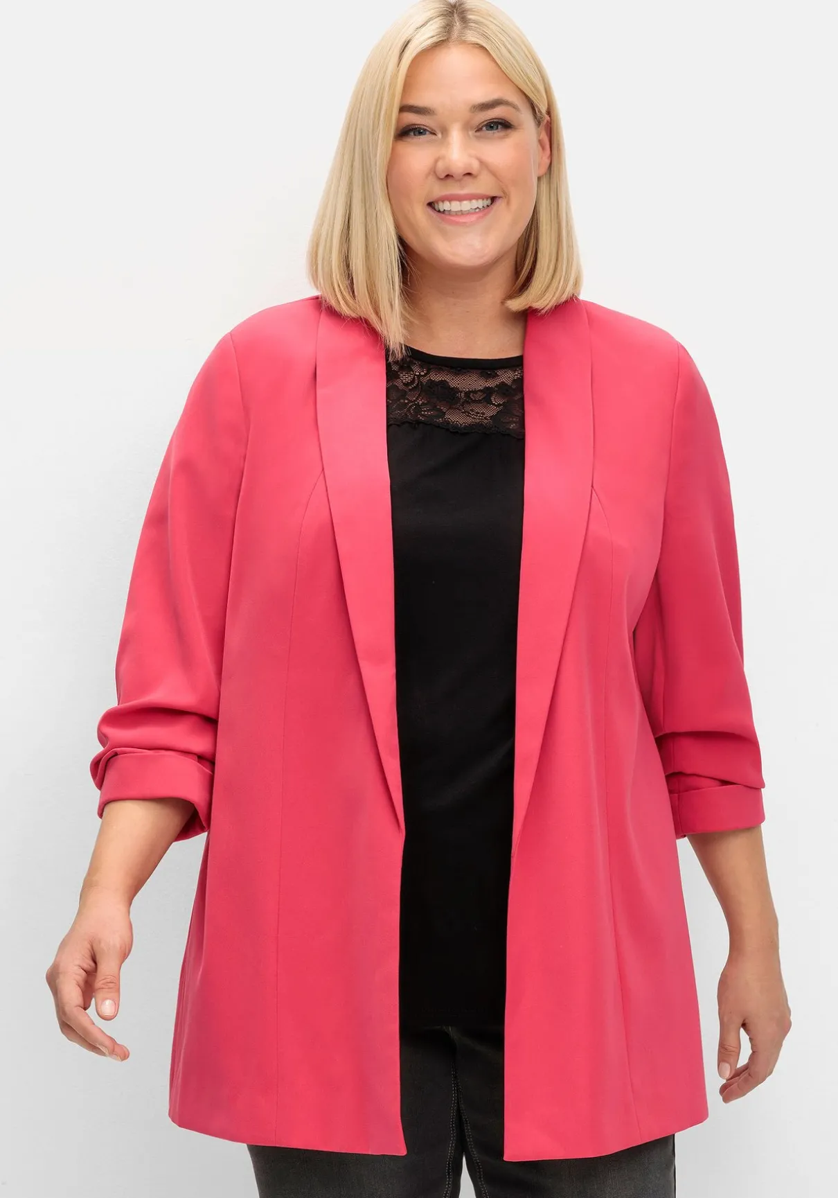 Langer Blazer mit Schalkragen und gerafftem 3/4-Arm