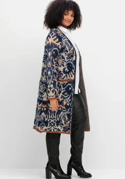 Langer, offener Strickmantel mit Jacquardmuster