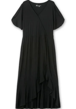 Langes Jerseykleid in Wickeloptik, mit Volantrock