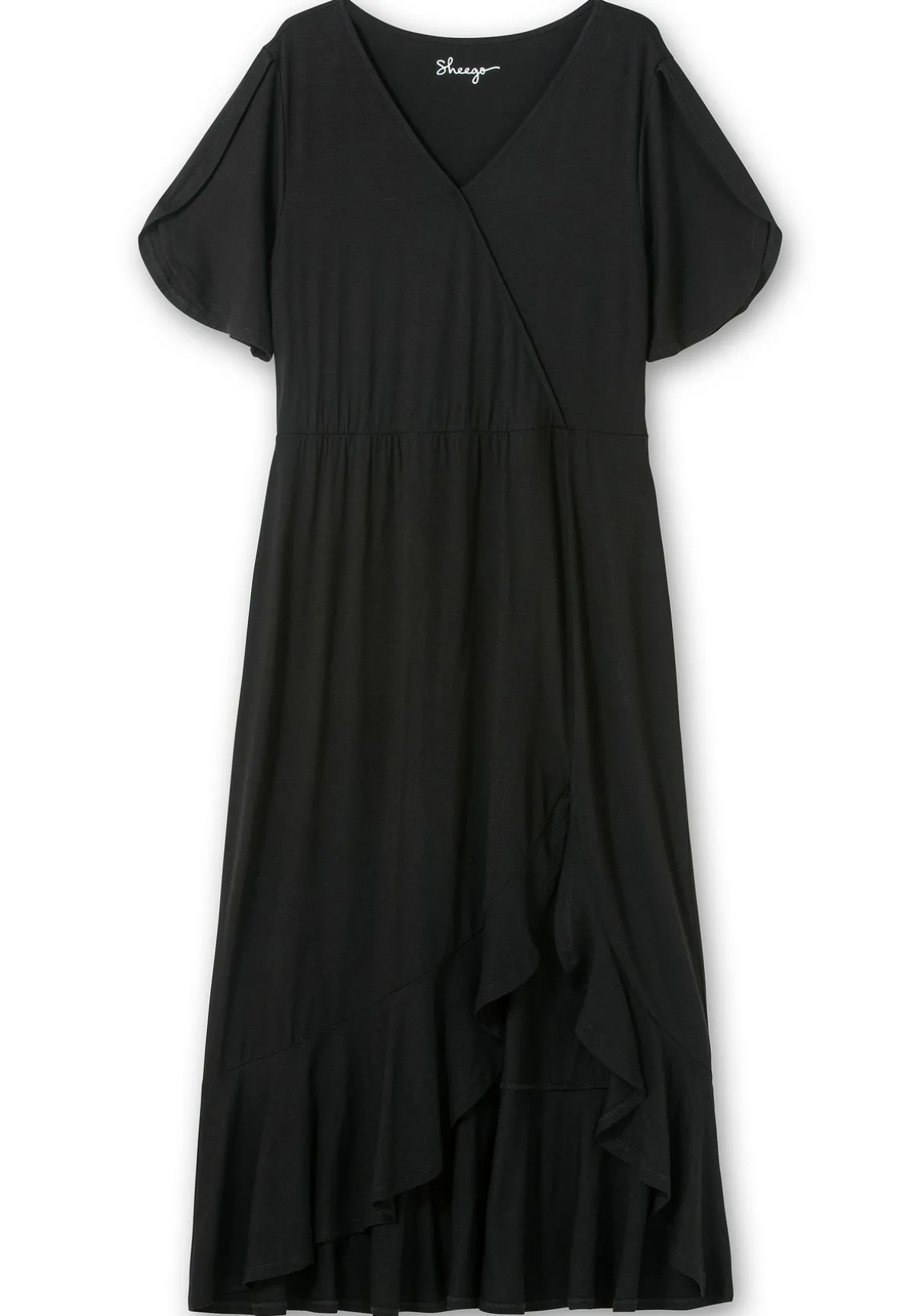 Langes Jerseykleid in Wickeloptik, mit Volantrock