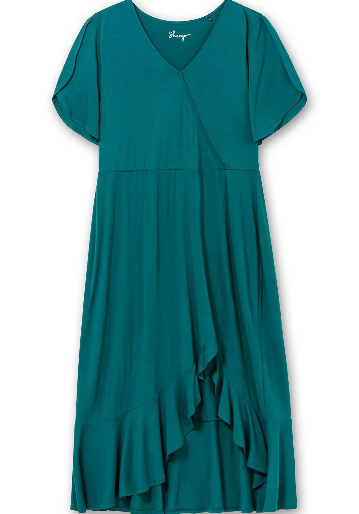 Langes Jerseykleid in Wickeloptik, mit Volantrock