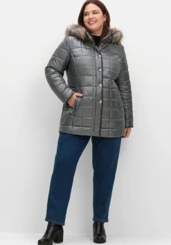 Leicht glänzende Steppjacke mit Kunstfell-Kapuze