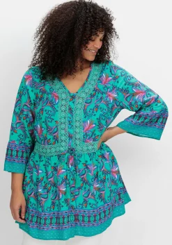 Longbluse im Boho-Stil, mit Trompetenärmeln