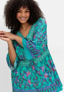 Longbluse im Boho-Stil, mit Trompetenärmeln