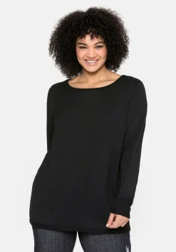 Longpullover mit U-Boot-Ausschnitt und Leinenanteil