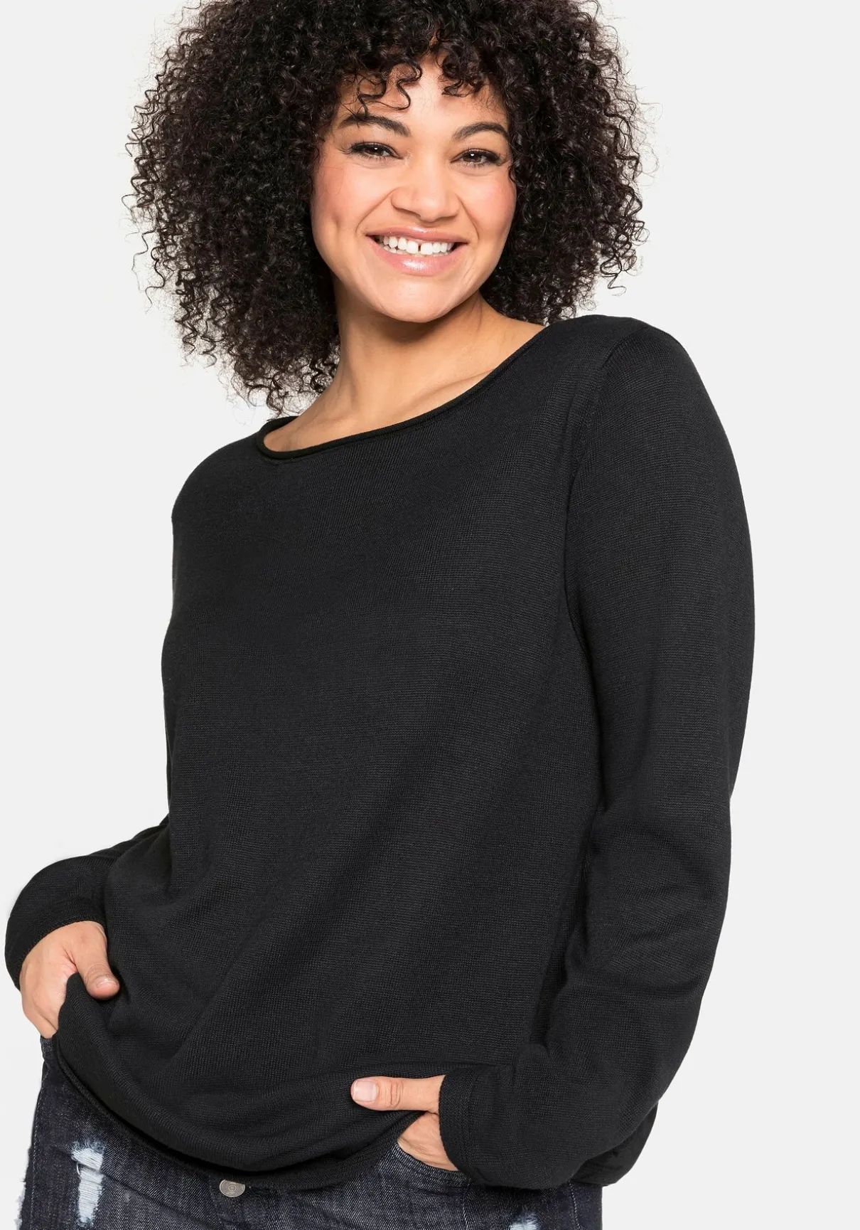 Longpullover mit U-Boot-Ausschnitt und Leinenanteil