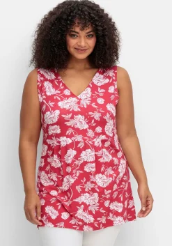 Longtop mit Blumendruck und Spitze im Rücken