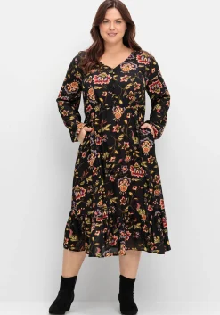 Midikleid mit Blumendruck und Volant am Saum