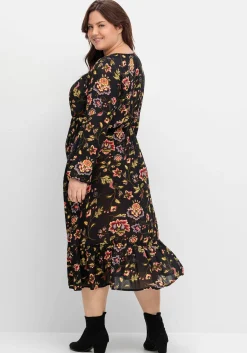 Midikleid mit Blumendruck und Volant am Saum