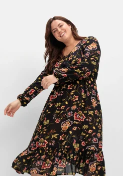 Midikleid mit Blumendruck und Volant am Saum