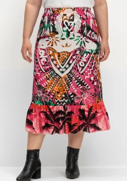 Midirock aus Viskose-Satin, mit Volant am Saum