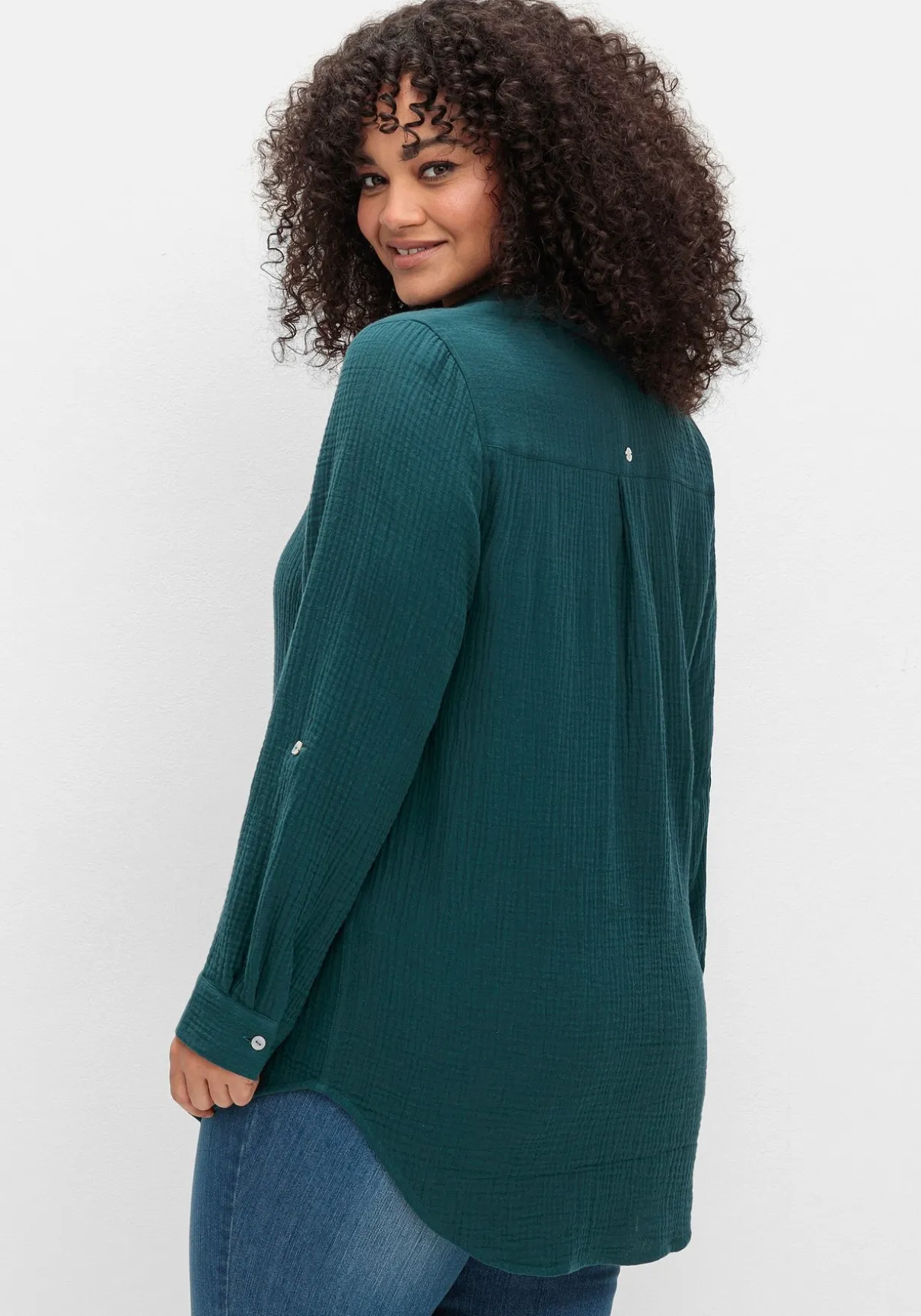 Musselin-Bluse mit Hemdkragen und Krempelärmeln