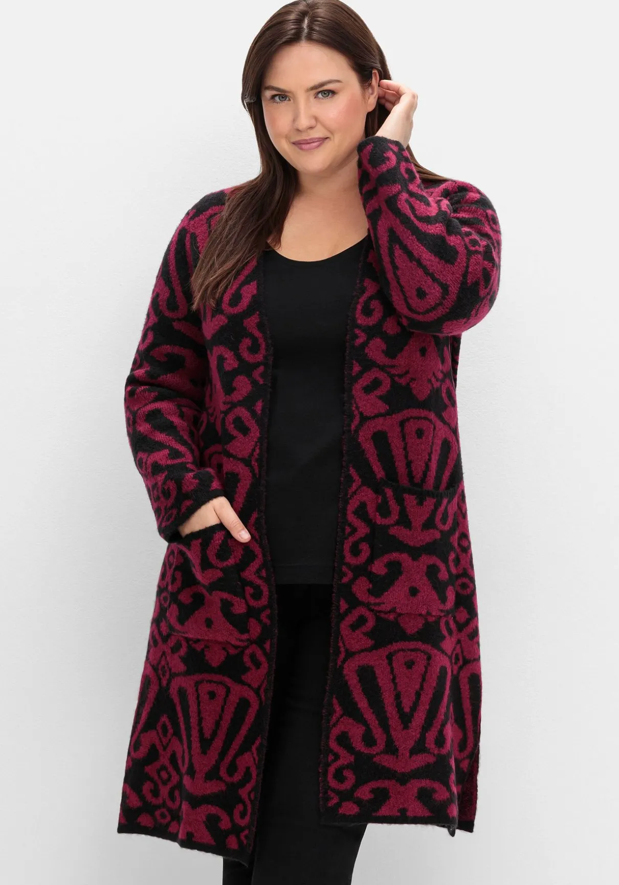 Offene Longstrickjacke mit Jacquardmuster