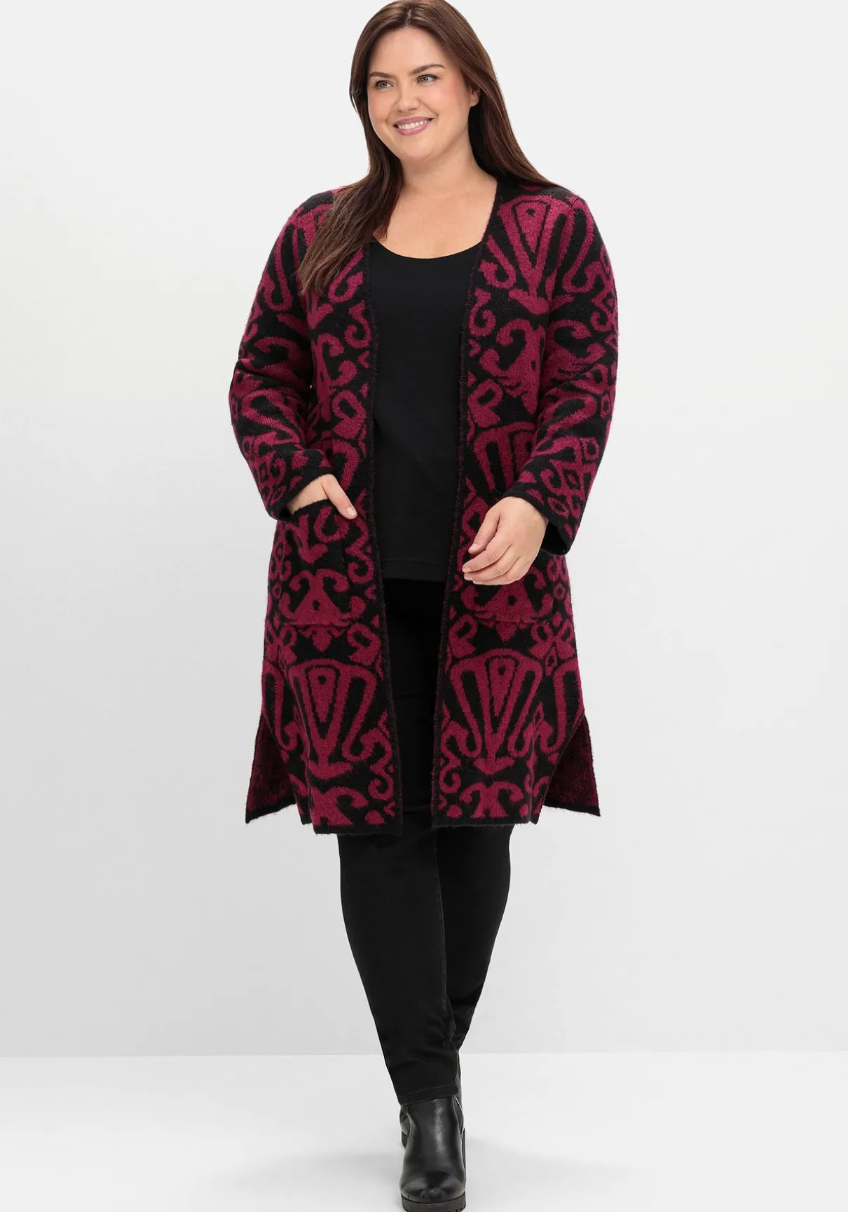 Offene Longstrickjacke mit Jacquardmuster
