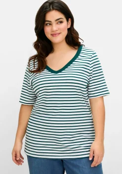 Ringelshirt mit V-Ausschnitt, in Rippstruktur