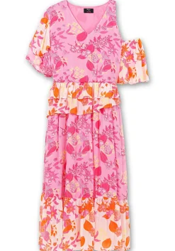 Rüschenkleid mit Cut-out und Volants in Kontrast