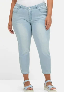 Schmale 7/8-Jeans mit Glitzersteinen am Saum