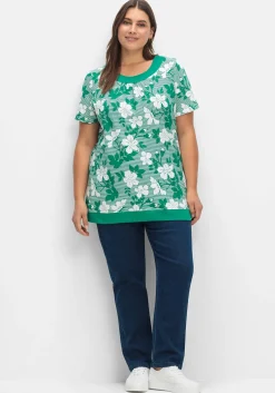 Shirt in leichter A-Linie, mit Blumendruck und Streifen