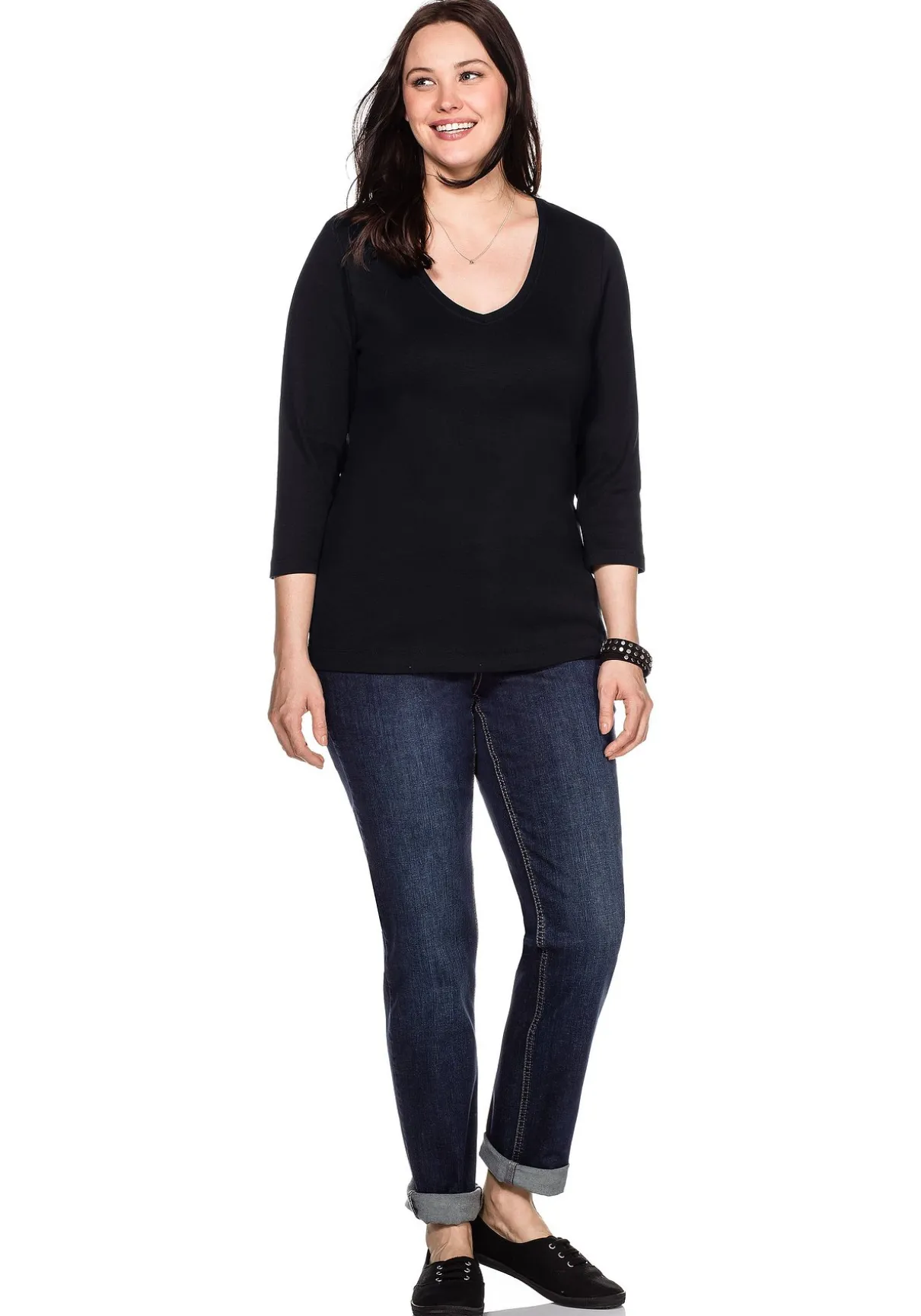 Shirt mit 3/4-Arm und V-Ausschnitt, in Rippqualität