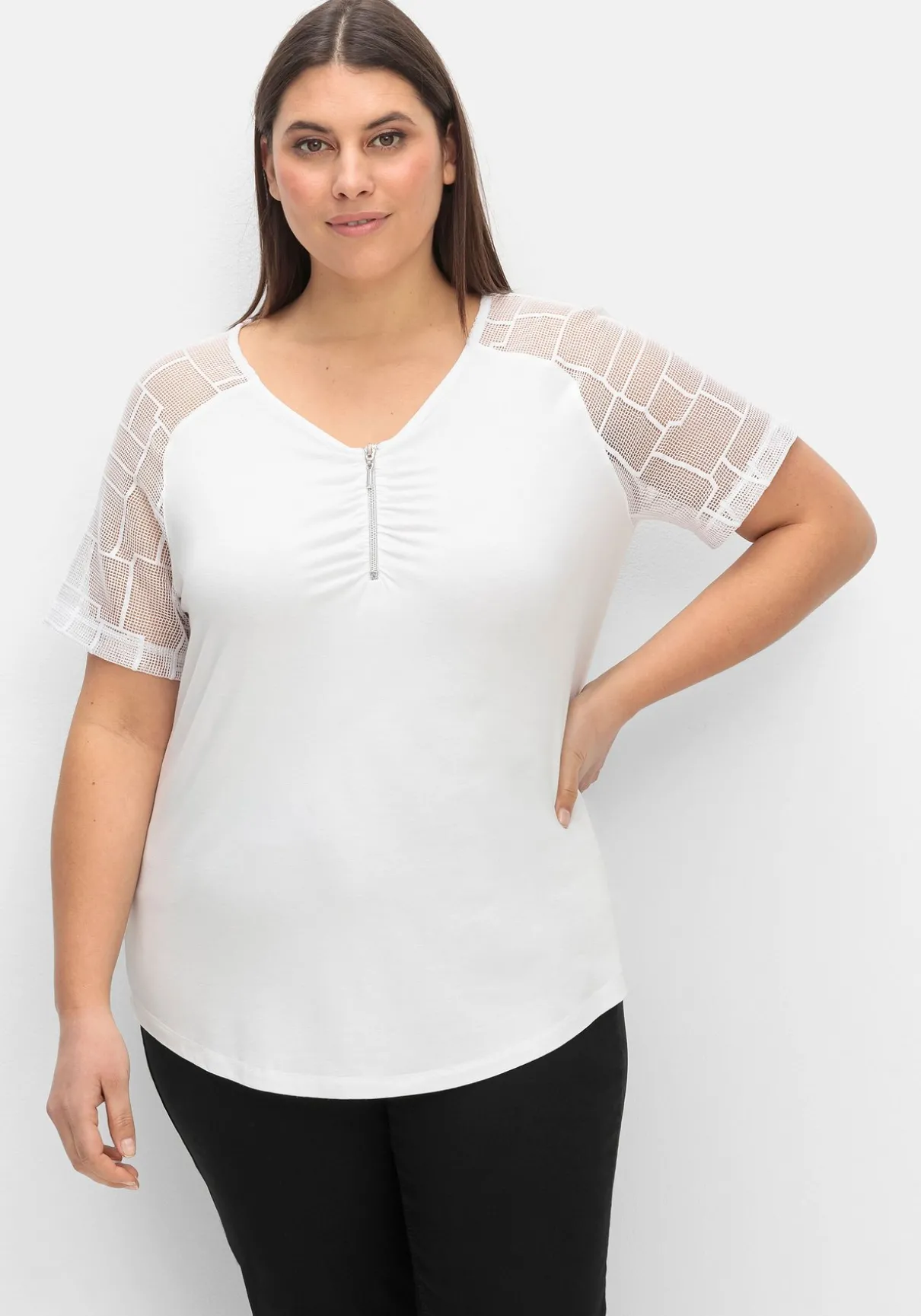 Shirt mit Zipper und Ärmeln aus Spitze