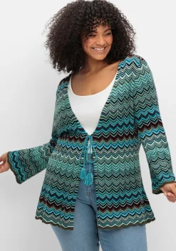 Strickjacke mit Trompetenärmeln, im Zickzackmuster