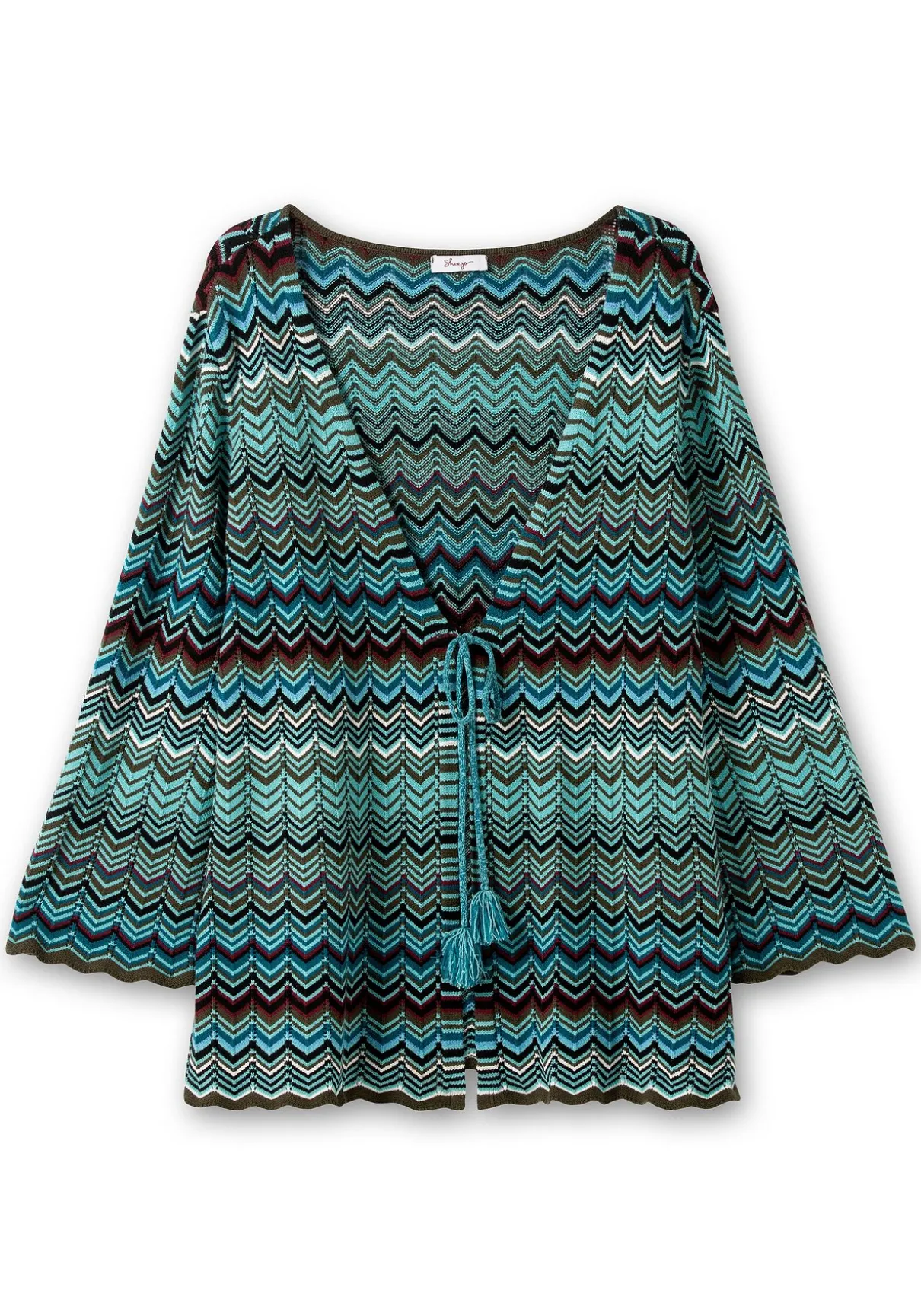 Strickjacke mit Trompetenärmeln, im Zickzackmuster