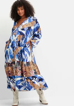 Stufiges Maxikleid mit Ballonärmeln und V-Ausschnitt