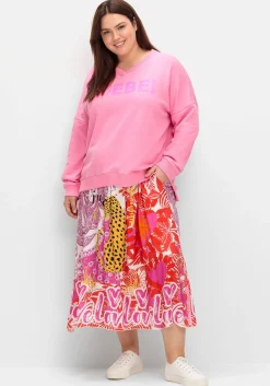 Sweatshirt mit Wordingprint und V-Ausschnitt