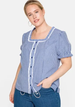 Trachtenbluse im Karo-Design, mit Spitzenbesatz