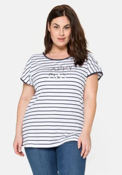 T-Shirt mit Ringeln und Statement-Foliendruck