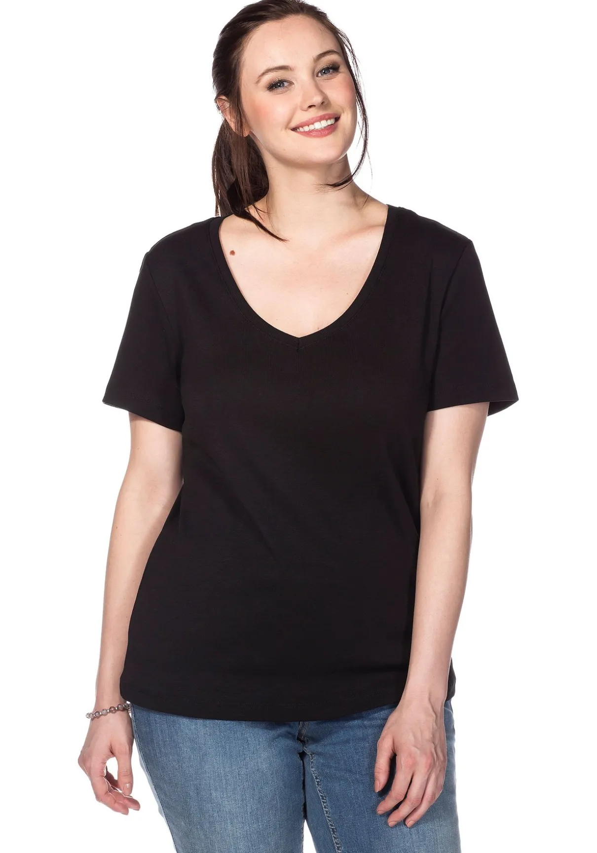 T-Shirt mit V-Ausschnitt, in Rippqualität