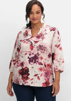 Tunika mit Volant am Ausschnitt und Blütenprint