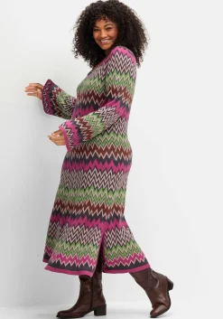 Wadenlanges Strickkleid im Zickzack-Muster
